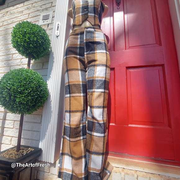 2 Piece Coffee Brown Plaid Cropped Trouser Pants & Vest Matching Set - Picture 3 of 16